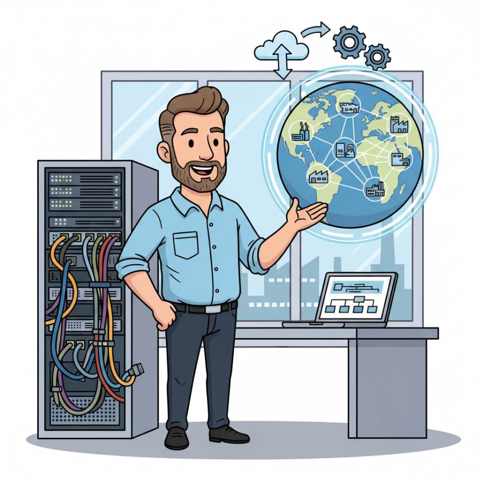 Comic illustration of a plant manager with tablet, KPI board and team on a production floor