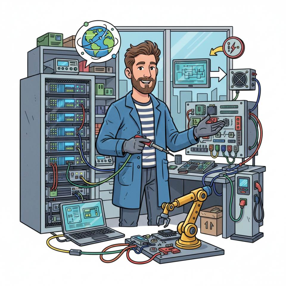 Ilustración tipo cómic de un electricista con herramientas y un armario de distribución en una instalación eléctrica