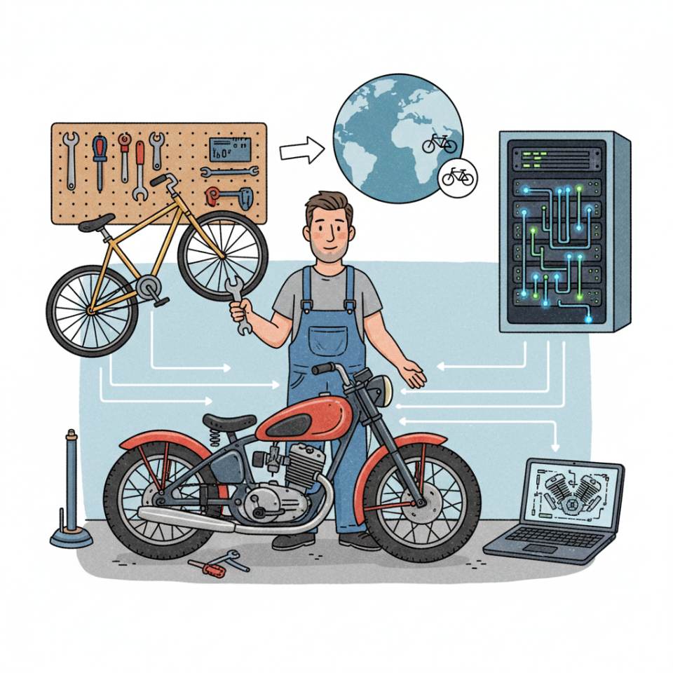 Ilustración cómic de un mecatrónico de dos ruedas con equipo de diagnóstico y una moto en el taller