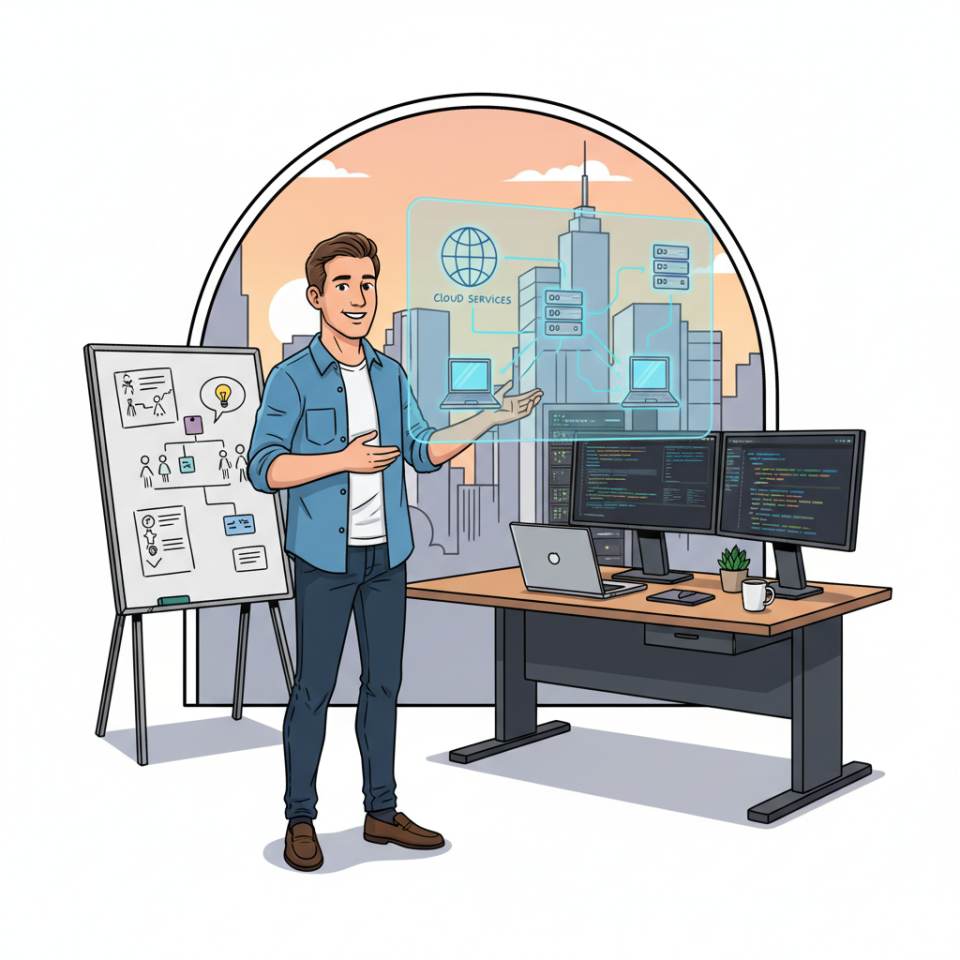 Комикс-изображение Solution Architect с архитектурной схемой, облачными иконками и ноутбуком у whiteboard