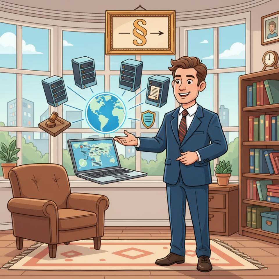 Cüppe, evrak çantası ve hukuk kitaplarıyla aydınlık bir büroda avukatın çizgi roman tarzı illüstrasyonu
